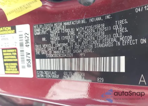 2012 Toyota Sienna Limited 7 Passenger z USA, uszkodzony, nr VIN 5TDDK3DC9CS042928